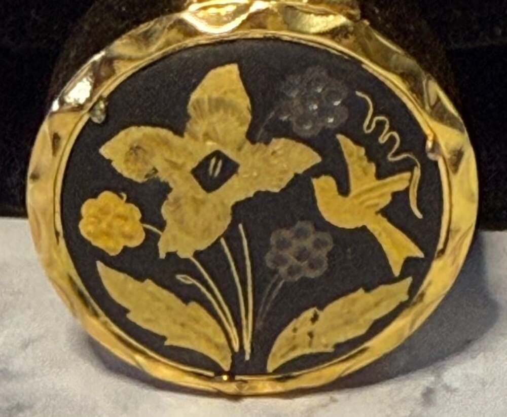 Vintage Spanish Damascene Pill Box with Bird and Floral Gold Inlay